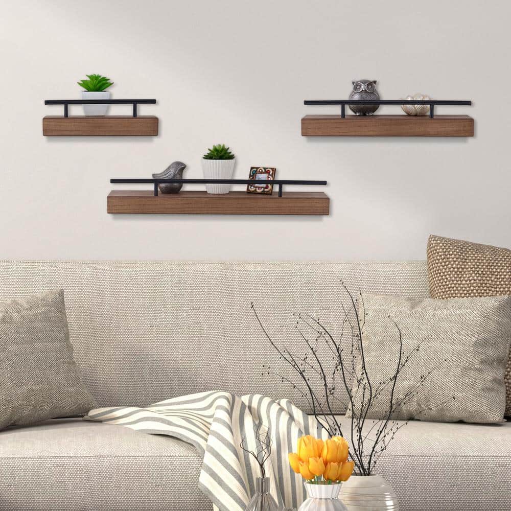 Rustic Natural Wood 3-Piece Floating Wall Shelf Set with Metal Railing