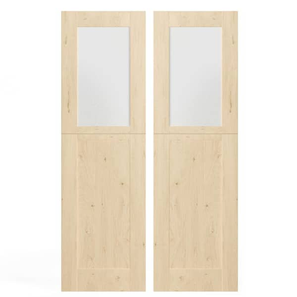 TENONER 48in. x 80 in. Finished Dutch Door, Half Bore Frosted Glass Split Interior Door Slab with Natural Pine Wood Color