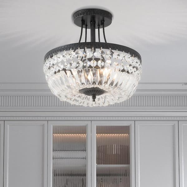 Portland 11.8 in. 3-Light Black Simple Bowl Semi-Flush Mount With Crystal Shade