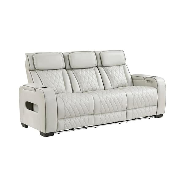 Clumber 84 in. W Pillow Top Arm Faux Leather Rectangle Power Double Reclining Sofa with Center Console in Taupe