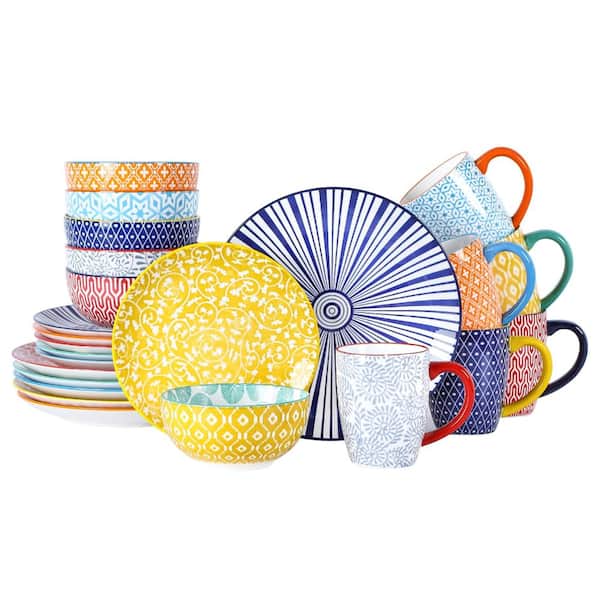 Ceramic Dinnerware Set for 6: 24-Piece Plates, Bowls & Mugs, Stackable, Microwave Oven Dishwasher Safe