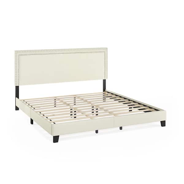 Light Beige Wood Frame King Upholstered Platform Bed