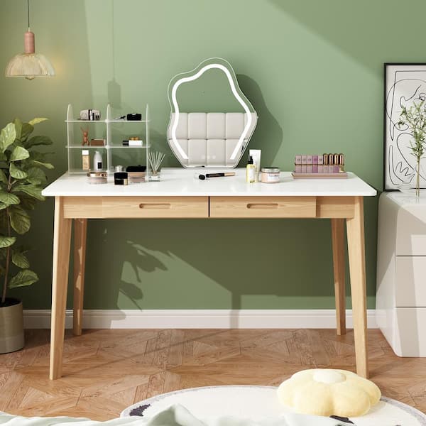 FUFU&GAGA 1-Piece White Wooden Makeup Vanity, Vanity Table, Dressing Desk with 2 Drawers, 47.2 in. W x 21.7 in. D x 29.5 in. H