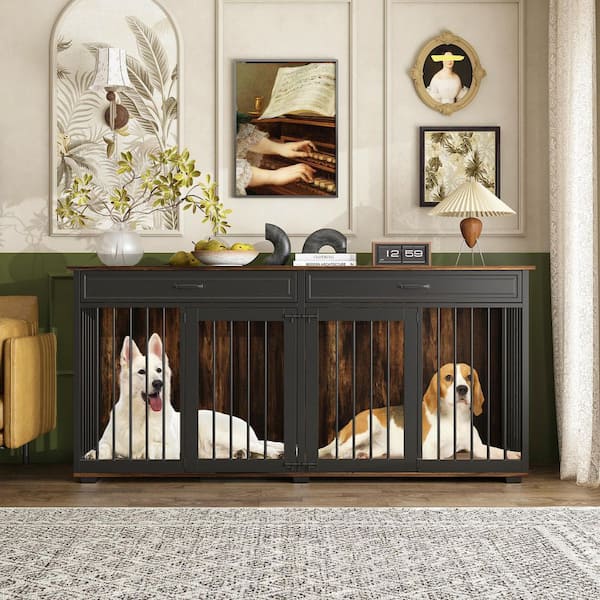 Large Wooden Dog House with Drawers & Divider, Furniture Style Dog Crate, Dog Cage for L M S Dogs, Black & Tiger Skin