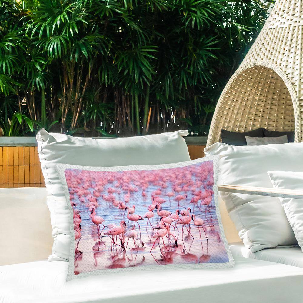 Pink Flamingo Flock Rectangular Outdoor Throw Pillow