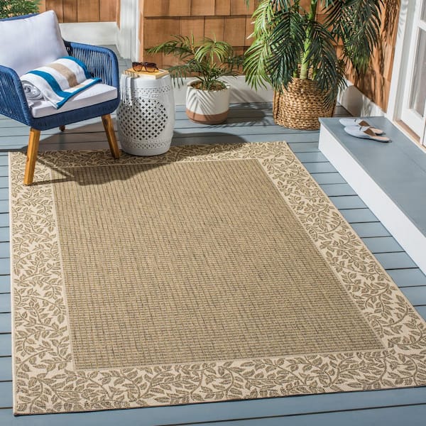 Courtyard Brown/Natural 9 ft. x 12 ft. Border Indoor/Outdoor Patio  Area Rug