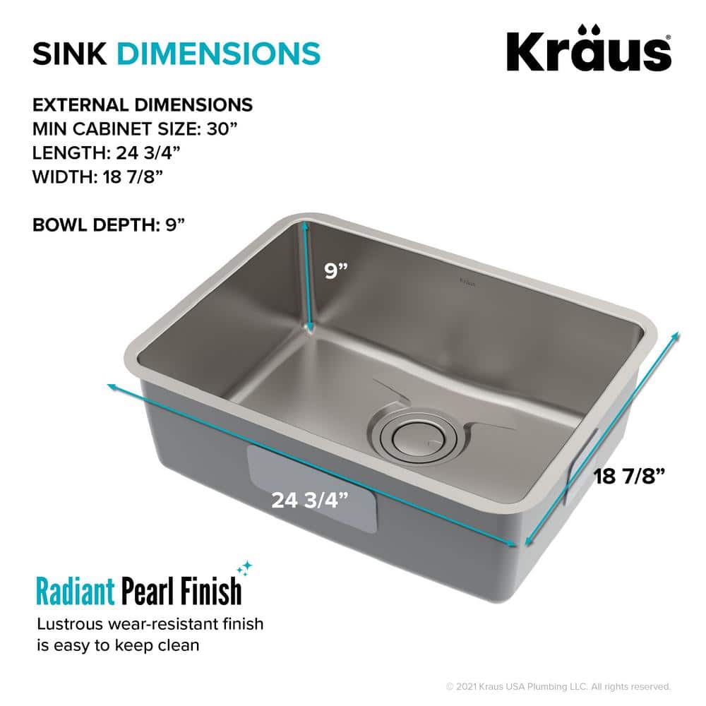 Dex 25-Inch Undermount Single Bowl Stainless Steel Kitchen Sink with DrainAssure