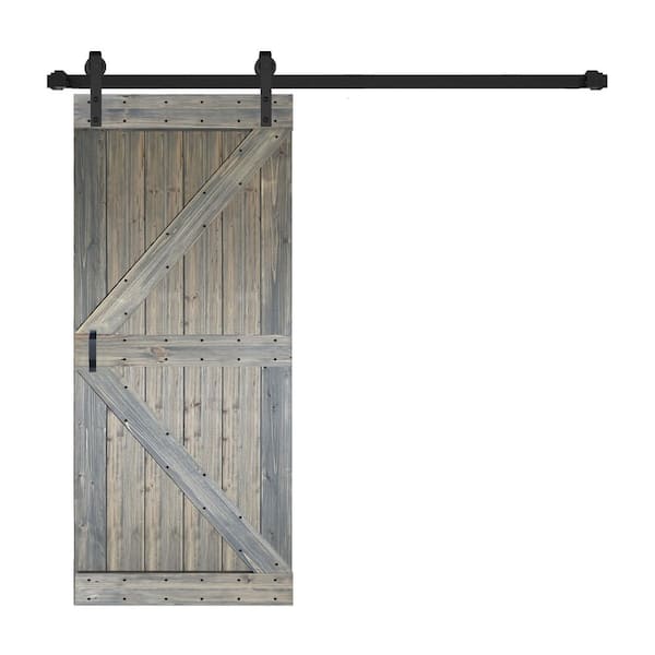 ISLIFE K Style 38 in. x 84 in. Aged Barrel Finished Soild Wood Sliding Barn Door with Hardware Kit - Assembly Needed