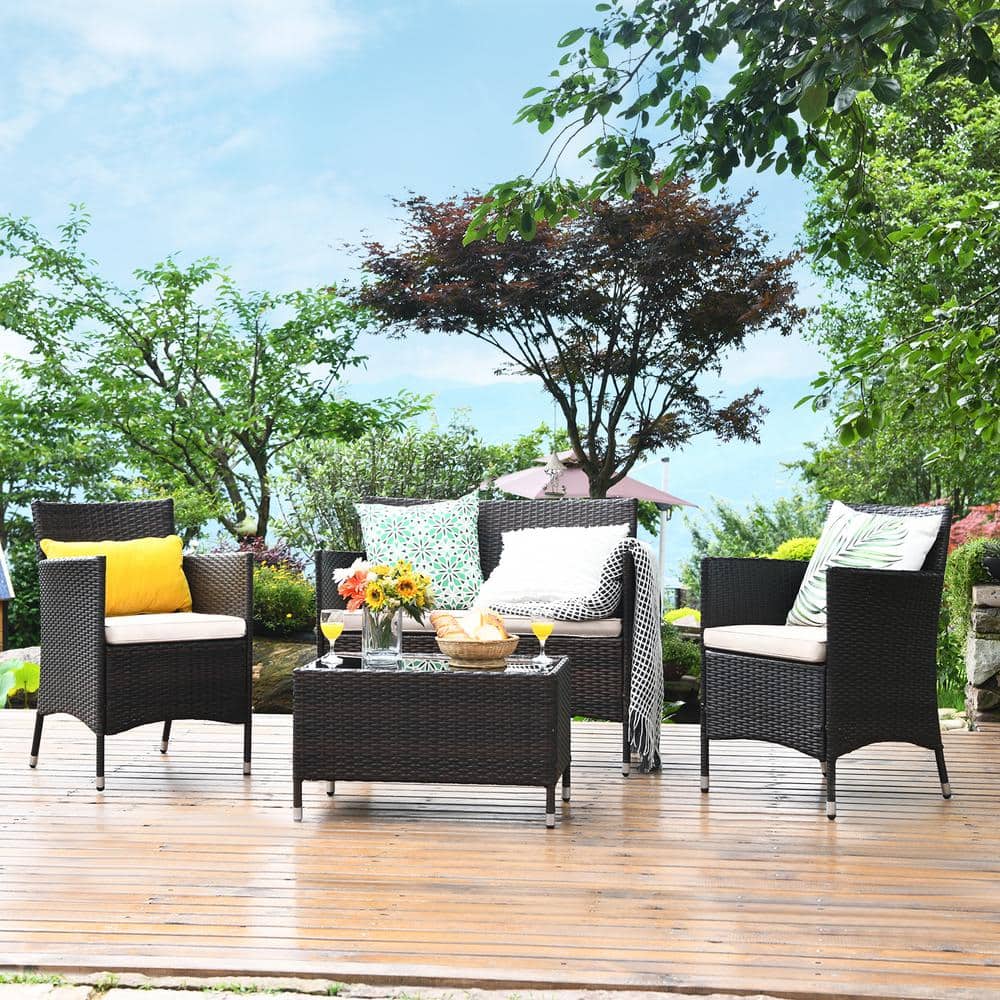 4-Piece Wicker Patio Conversation Set with Beige Cushions and Glass Table f