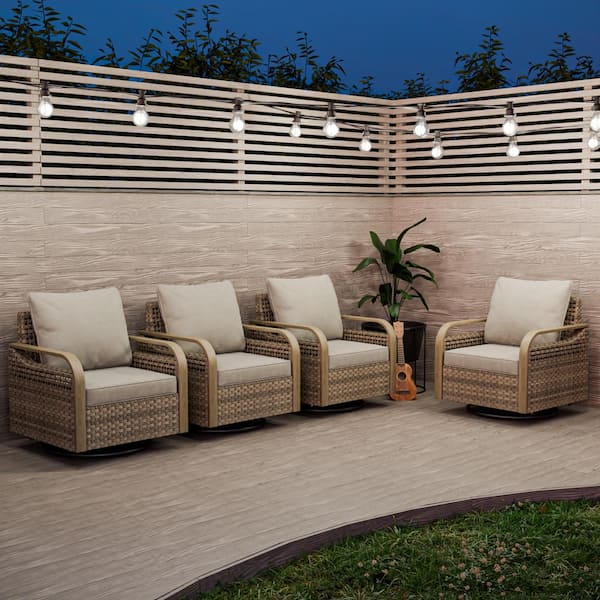Outdoor Patio Swivel Brown Wicker Outdoor Rocking Chair with Gray Cushion (4-Pack)