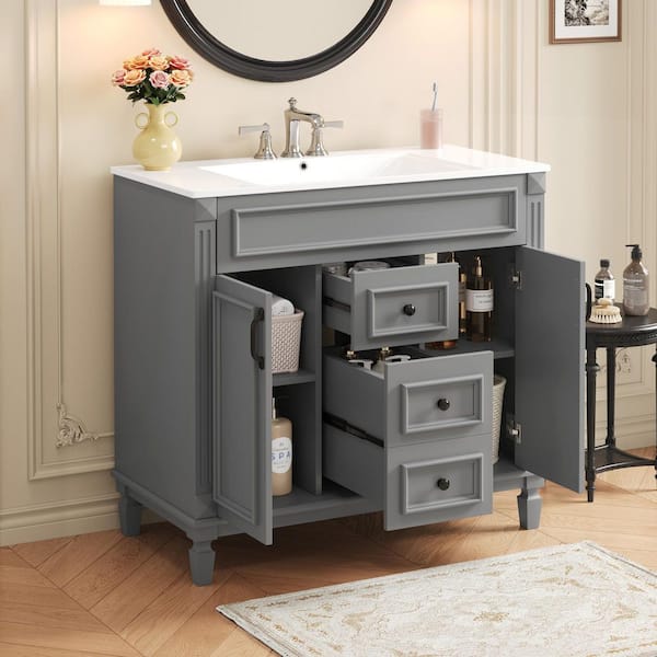 36 in. Single Sink Freestanding Gray Bath Vanity with White Ceramic Top, 2-Drawers and 2-Soft Closing Doors Unassembled