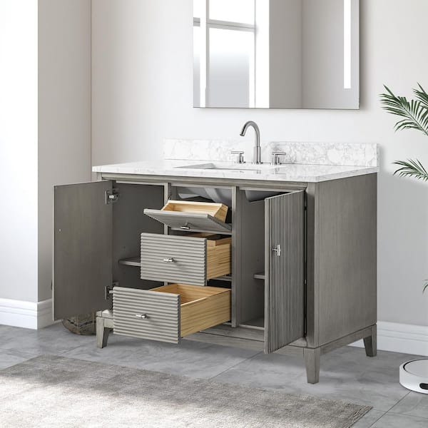 48 in. W Single Sink Freestanding Driftwood Gray Bath Vanity Cabinet with Arabescato White Engineered Marble Top