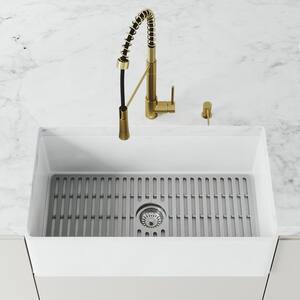 Matte Stone White Composite 33 in. Single Bowl Flat Farmhouse Apron-Front Kitchen Sink with Strainer and Silicone Grid