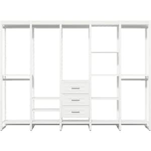 113 in. W White Adjustable Tower Wood Closet System with 3 Drawers and 18 Shelves