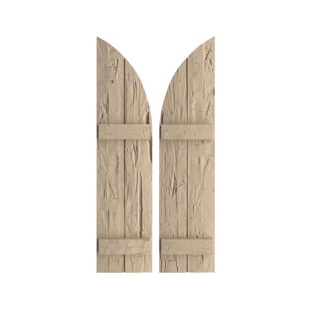 11 in. x 44 in. Polyurethane Hand Hewn Two Board Joined Board-n-Batten Round Arch Top Shutters, Primed Tan