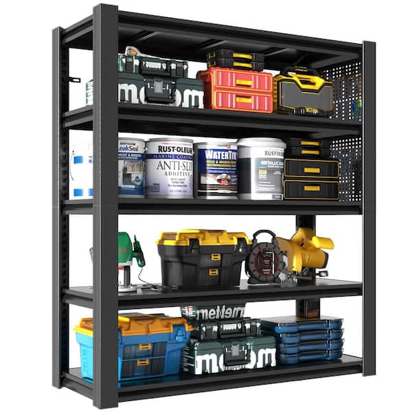 5-Tiers Metal Heavy Duty Garage Storage Shelving Unit in Black with 2 Pegboards (47.2 in. W x 72 in. H x 23.6 in. D)
