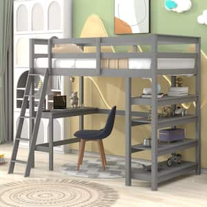 Gray Twin Loft Bed with Bookshelves and Desk Sturdy Wooden Kids Loft Bed Frame with Ladder Wood Kids Loft Bed