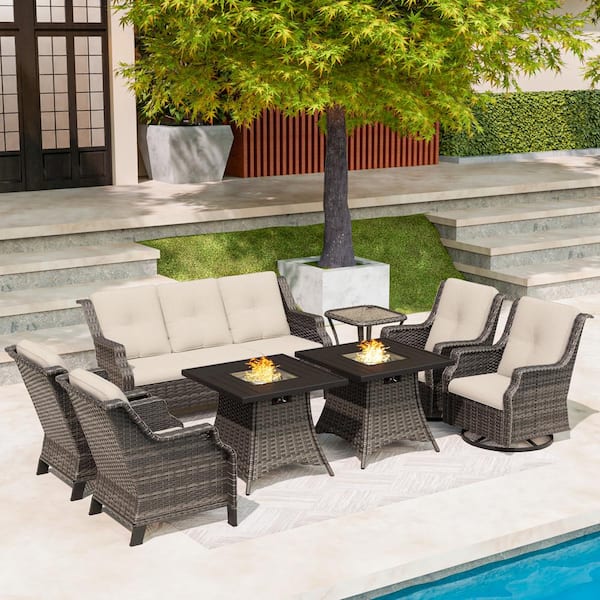 MeetLeisure 8 Piece 7-Seat Wicker Patio Conversation Set Fire Pit Table with Swivel Rocking Chairs and Beige Cushion