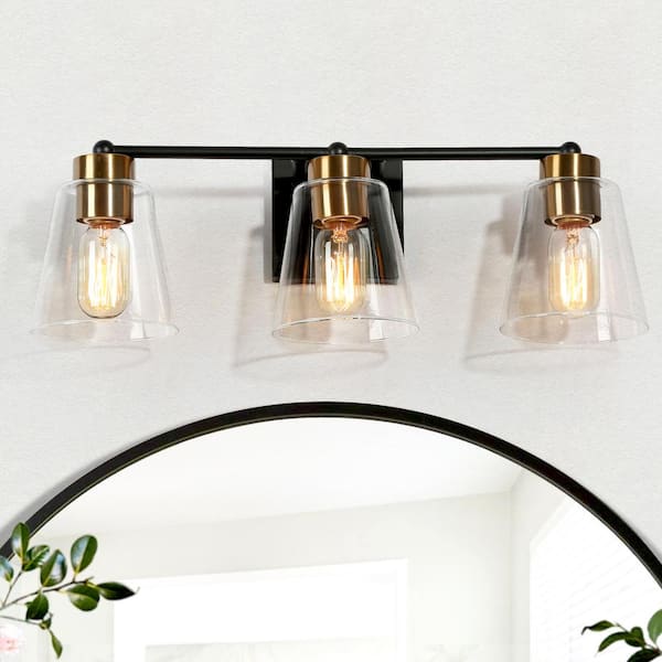 Uolfin Modern Bell Bathroom Vanity Light 3-Light Black and Brass Wall Sconce Light with Clear Glass Shades