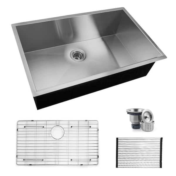 Unbranded Brushed Nickel Stainless Steel 33 in. x 22 in. Single Bowl Undermount Kitchen Sink with Bottom Grid