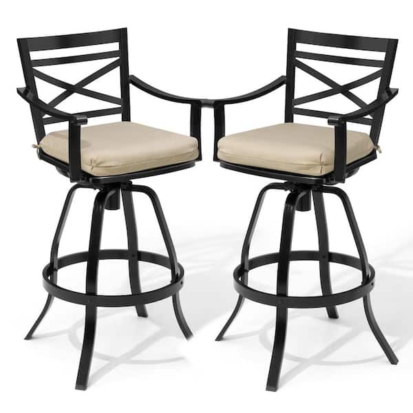 Swivel Cast Aluminum Outdoor Bar Stool with Sunbrella Beige Cushion (2-Pack)
