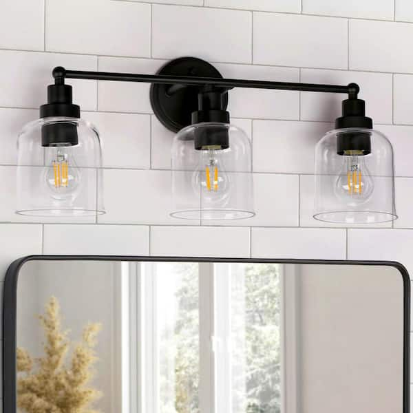 Modern Industrial Bell Bathroom Vanity Light 22 in. 3-Light Black Dome Wall Light with Clear Glass Shades