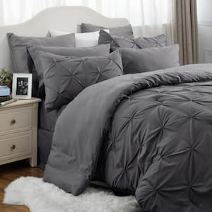 King Size Comforter Set 7 Pieces, Pintuck Bed in a Bag with Comforter, Bed Sheet, Pillowcases and Shams, Dark Grey