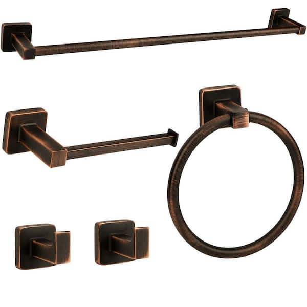 5 Piece Bathroom Hardware Accessories Set with Towel Bar, Towel Ring, Toilet Paper Holder, Hooks in Oil Rubbed Bronze