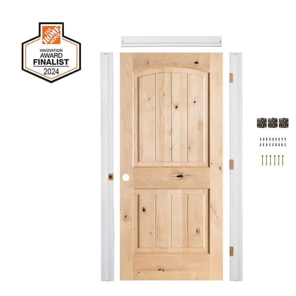 DIY 32 in. x 80 in. Knotty Alder Right-Hand Unfinished V-Groove Wood Single Interior Door Kit w/ Quick Assemble Jamb
