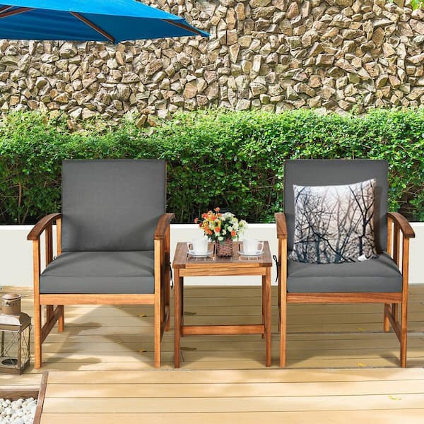 Unbranded 3-Piece Solid Wood Outdoor Patio Conversation Set with Gray Cushions