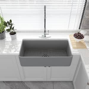 Matte Gray Fireclay 36 in. Single Bowl Farmhouse Apron Workstation Kitchen Sink with Bottom Grid and Strainer