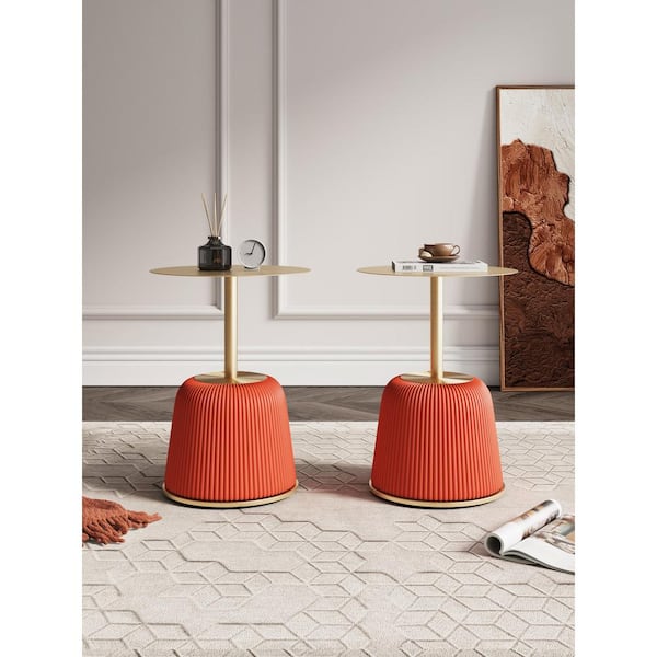 Anderson Modern 15.75 in. Orange Round Metal Faux Leather Upholstered End Table (Set of 2)