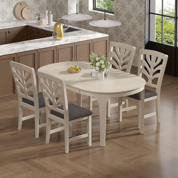 Farmhouse Wood Top Oval Dining Table Set with Upholstered Chairs - 5 Piece Gray Kitchen Set for 4