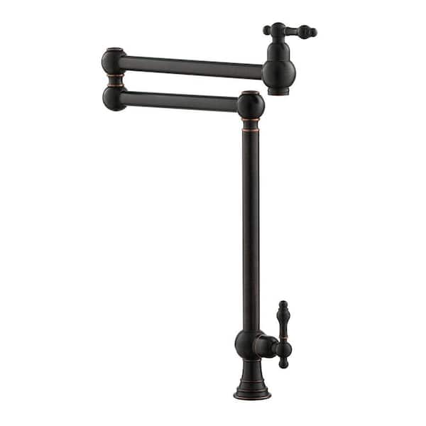 Residential Deck Mount Folding Pot Filler Kitchen Faucet with Dual Handles and Extended Swinging Joints in Rubbed Bronze