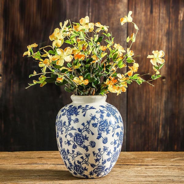 7.9 in. Blue Round Ceramic Retro Floral Vases Rustic Decorative