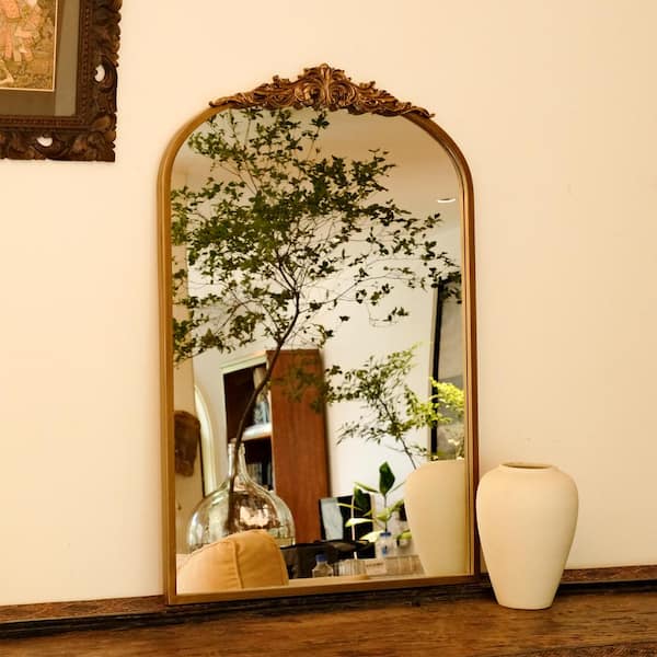 23.6 in. W x 35.4 in. H Traditional Arch Antique Gold Metal Frame Decorative Mirror