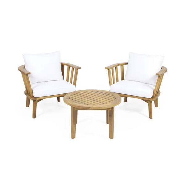 Cream White 3-Piece Wood Patio Conversation Set with Coffee Table and Cream Cushions​
