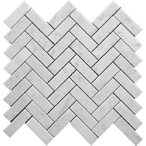 White 11.9 in. x 12.8 in. Herringbone Polished Marble Mosaic Tile (5.29 sq. ft./Case)