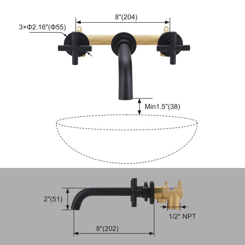 Matte Black Wall Mounted Double Handle Bathroom Faucet