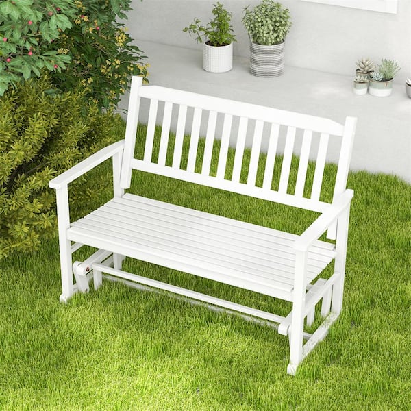 Patio Rocking Bench Chair 2-Person White Poplar Wood Outdoor Glider