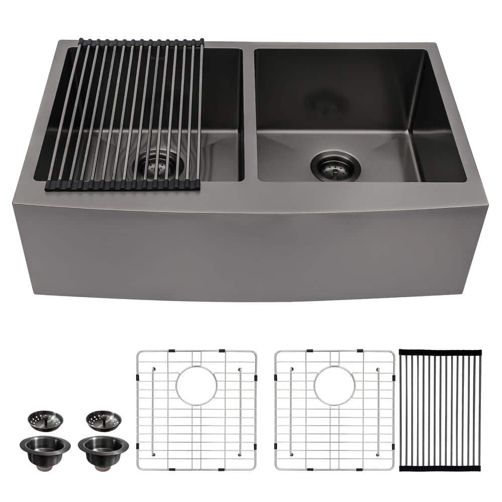 33 in. Farmhouse Apron Double Bowl 16 Gauge Gunmetal Black Stainless Steel Kitchen Sink with Bottom Grid -  Sarlai, QBSCPH3321R