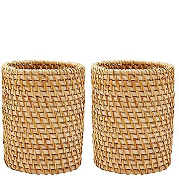 2-Pack Rattan Pencil Holder Boho Handmade Pen Organizer Aesthetic Desk Cup Holder for Office Home Decoration