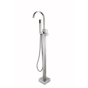Single-Handle Floor Mount Freestanding Tub Faucet with Hand Shower in Brushed Nickel