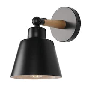 1-Light Black Wooden Handle Swing Arm Wall Lamp Hardwired Wall Sconces Adjustable