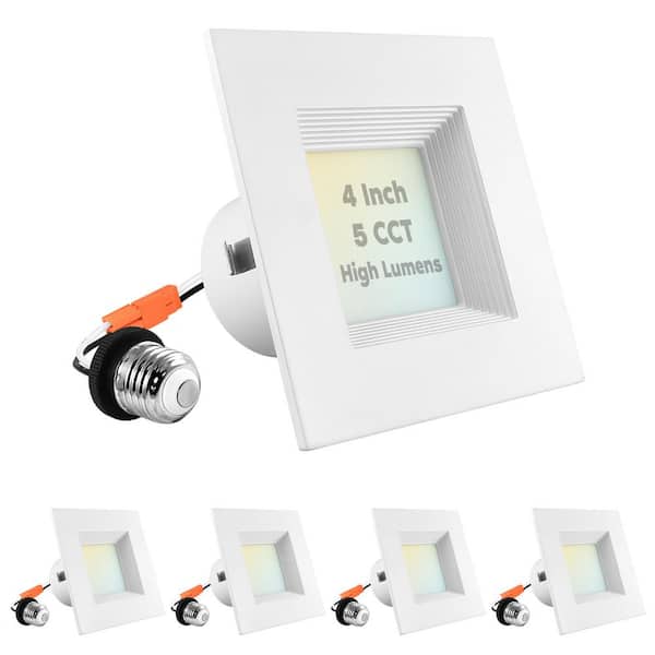 LUXRITE 4 in. 14W Square LED Can Lights 5-Color Selectable Remodel Integrated LED Recessed Light Kit Baffle Trim (4-Pack)