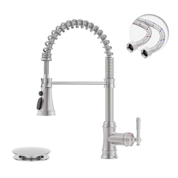 Single-Handle Pull-Down Sprayer Coil Spring High-Arc Kitchen Faucet with Deckplate Sink Faucet in Brushed Nickel