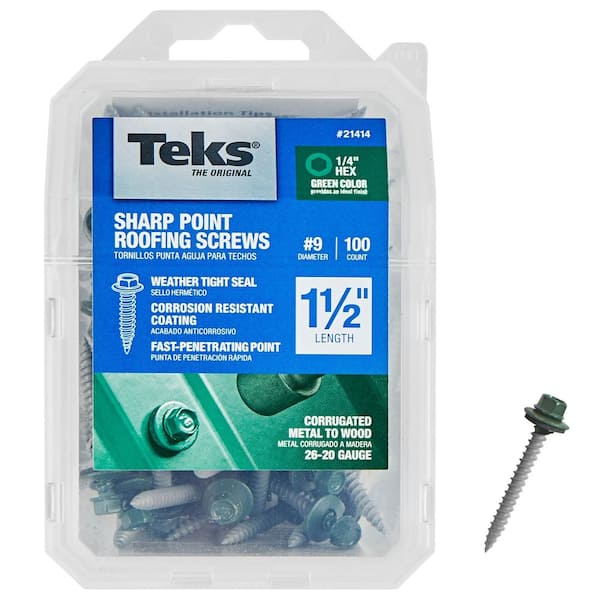 Teks #9 x 1-1/2 in. Evergreen External Zinc Plated Steel Hex Washer Head Sharp Point Roofing Screws (100-Pack)