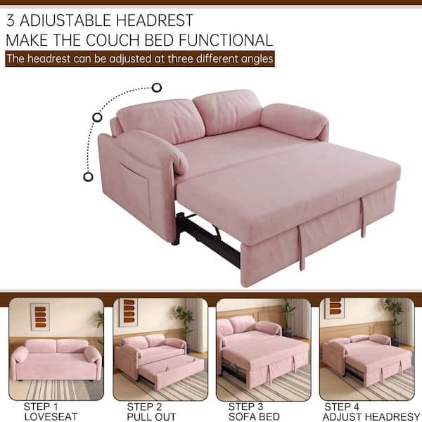54 in. Pink Velvet Twin Size Retractable Sofa Bed
