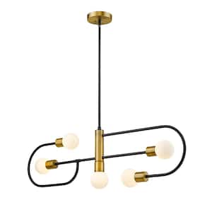 Neutra 5-Light Matte Black Plus Foundry Brass Chandelier with Glass Shade