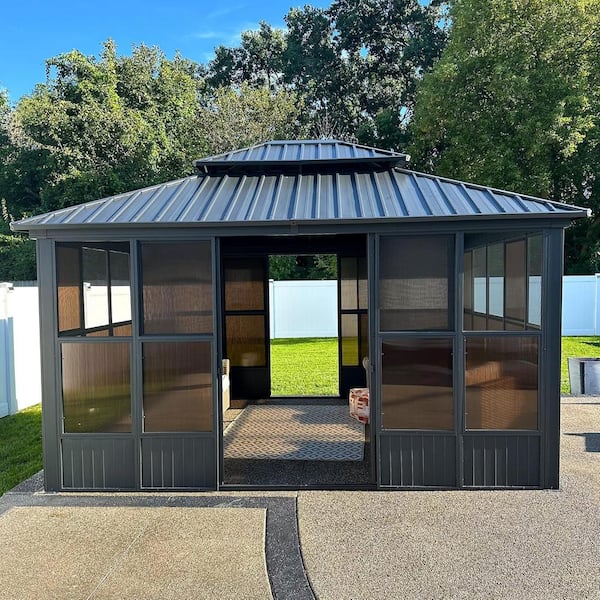 12ft. x 14ft. Patio Hardtop Gazebo Double Top PC Mesh Screen House Aluminum Solarium Backyard Sunroom, 24 Lights, Gray